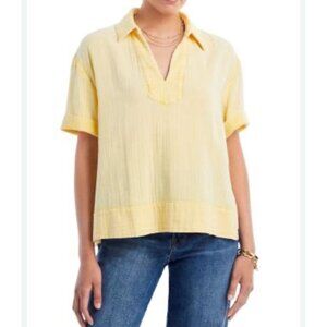 Faherty Wren Top Women's XL Yellow Gauze Boxy V-neck Collar Organic Cotton Shirt